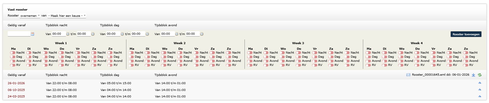 AlfaPlanning vast rooster configuratiescherm met 4-wekenplanning